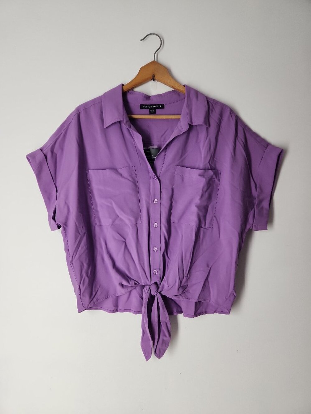 Boston Proper tie-front button down camp shirt amethyst orchid XL relaxed New